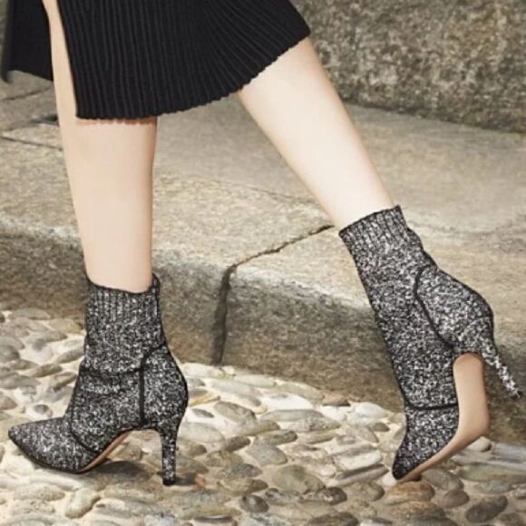 New Gianvito Rossi Fiona Glitter Leather Bouclé-Knit Sock Booties 6 US/36 IT NIB - Picture 3 of 16